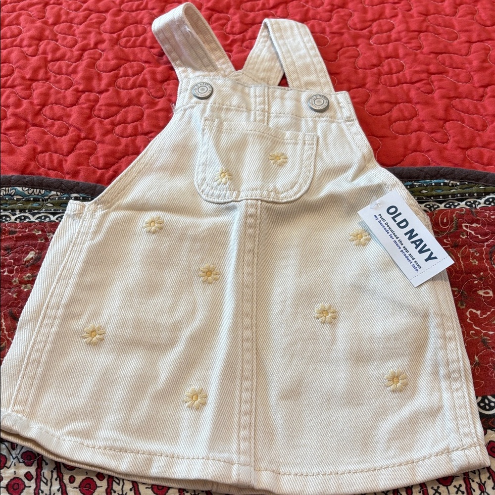 Old Navy Beige Denim Jumper with Floral Embroidered Details